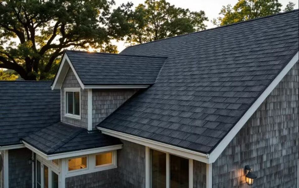 Shingle roof detail with cedar shake siding