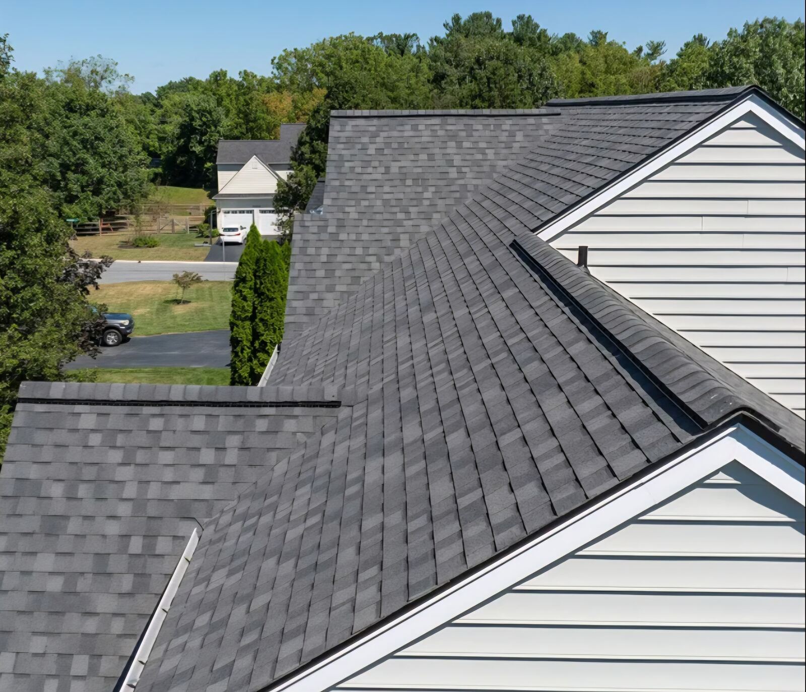 Aerial view of completed dimensional shingle roof